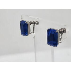 Vintage BIG Blue Rhinestone Emerald Cut Earrings Screw Back Rectangular 950s